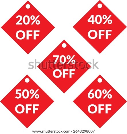 Each red, diamond-shaped label clearly displays a percentage off, including 20%, 40%, 50%, 60%, and 70% OFF, making them ideal for a wide range of marketing and retail applications.