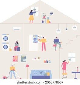 Each room is separated in the form of a house and people are living there.
People using household appliances and cleaning. flat design style vector illustration.