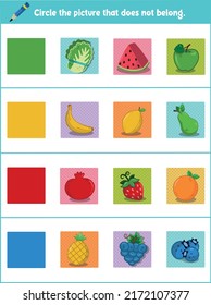 In each row, find the box that does not match the given color and put a circle on it. Vector illustration for children.
