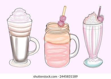 Each in a separate glass, three beverages are displayed on a bright pink surface. The drinks vary in color and type, adding visual interest to the composition