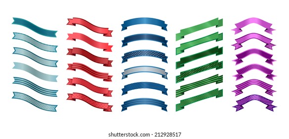 Each set of ribbons in separate layers. Global colors used. Transparency used for making shadows. 