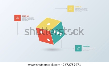 Each side of the dice infographic template shows step-by-step presentation information.