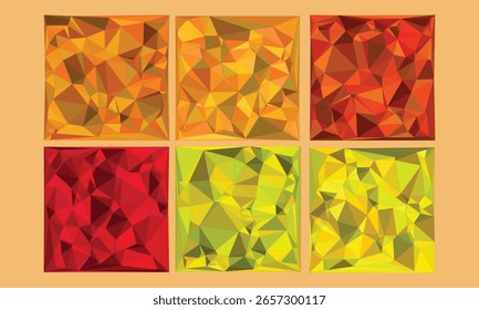 Cada cuadrado muestra patrones poligonales abstractos con sombreado dinámico y variaciones de gradiente, perfectos para diseño digital, fondos de interfaz de usuario o Plantillas de impresión modernas
