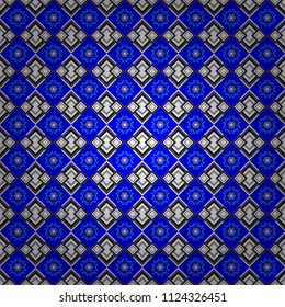 Each square of the pattern is also seamless backgrounds. Vector seamless pattern in style of patchwork in blue, white and gray colors.