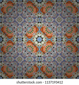 Each square of the pattern is also seamless backgrounds. Vector seamless pattern in style of patchwork in orange, blue and gray colors.