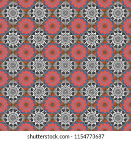 Each square of the pattern is also seamless backgrounds. Vector seamless pattern in style of patchwork in gray, blue and pink colors.