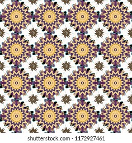 Each square of the pattern is also seamless backgrounds. Vector seamless pattern in style of patchwork in purple, beige and white colors.