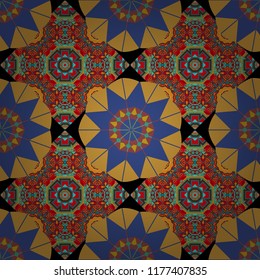 Each square of the pattern is also seamless backgrounds. Vector seamless pattern in style of patchwork in yellow, violet and brown colors.