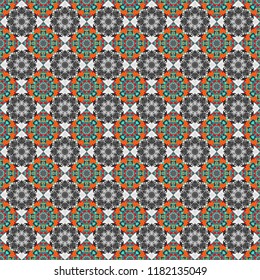 Each square of the pattern is also seamless backgrounds. Vector seamless pattern in style of patchwork in blue, orange and gray colors.
