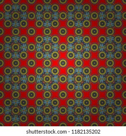 Each square of the pattern is also seamless backgrounds. Vector seamless pattern in style of patchwork in blue, red and yellow colors.