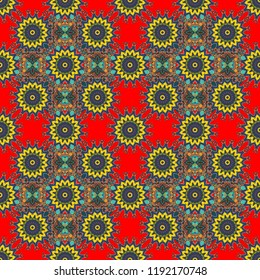 Each square of the pattern is also seamless backgrounds. Vector seamless pattern in style of patchwork in blue, red and orange colors.