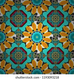 Each square of the pattern is also seamless backgrounds. Vector seamless pattern in style of patchwork in blue, orange and gray colors.