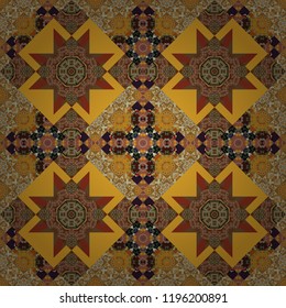 Each square of the pattern is also seamless backgrounds. Vector seamless pattern in style of patchwork in brown, orange and yellow colors.