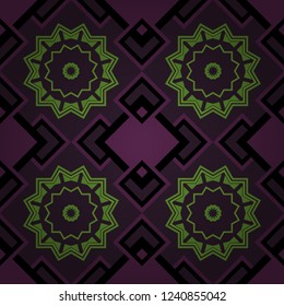 Each square of the pattern is also seamless backgrounds. Vector seamless pattern in style of patchwork in brown, black and purple colors.