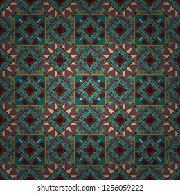 Each square of the pattern is also seamless backgrounds. Vector seamless pattern in style of patchwork in blue, brown and purple colors.