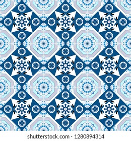 Each square of the pattern is also seamless backgrounds. Vector seamless pattern in style of patchwork in gray, white and blue colors.