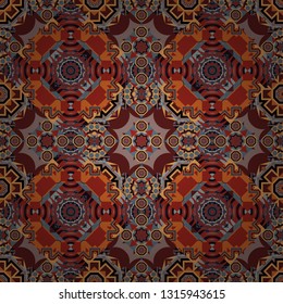 Each square of the pattern is also seamless backgrounds. Vector seamless pattern in style of patchwork in orange, brown and red colors.