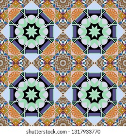 Each square of the pattern is also seamless backgrounds. Vector seamless pattern in style of patchwork in blue, violet and black colors.