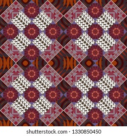 Each square of the pattern is also seamless backgrounds. Vector seamless pattern in style of patchwork in brown, red and white colors.