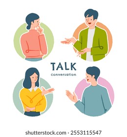 In each window hole people are talking. flat design style minimal vector illustration