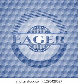 Eager blue emblem or badge with abstract geometric polygonal pattern background.