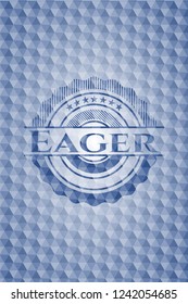 Eager blue emblem with geometric pattern background.
