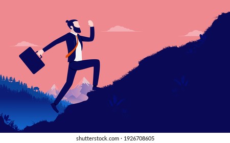 Eager businessman running up hill with briefcase - Man working hard and making effort to reach top. Vector illustration.