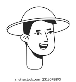 Eager happy young man wearing tourist hat monochrome flat linear character head. Male traveller. Editable outline hand drawn human face icon. 2D cartoon spot vector avatar illustration for animation