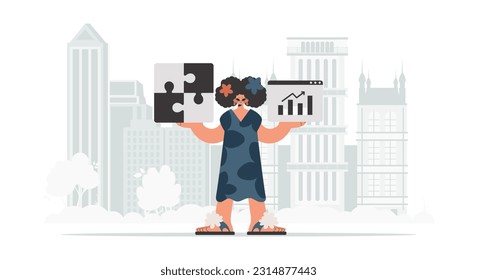 The eager lady is holding a befuddle and a positivegrade chart. Thought bunch work. Trendy style, Vector Illustration