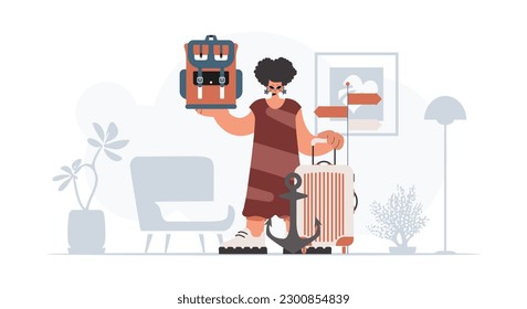 The eager lady is holding a travel rucksack and a loot. The concept of rest and travel. Trendy style, Vector Illustration