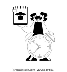 Eager lady with scratch pad and caution clock. Learning subject. Dim and white line craftsmanship. Trendy style, Vector Illustration