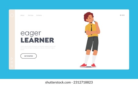 Eager Learner Landing Page Template. Thoughtful School Boy Character Lost In Contemplation. Distant Expression Reveal A Mind Deep In Thought And Reflection. Cartoon People Vector Illustration