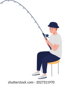 Eager Teen Angler With Fishing Rod Semi Flat Color Vector Character. Full Body Person On White. Outdoor Enthusiast Isolated Modern Cartoon Style Illustration For Graphic Design And Animation