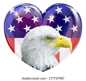 Eagle America love heart concept with and American bald eagle in front of a stars and stripes heart