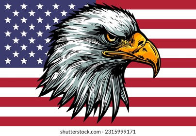 Eagle with American flag. Patriot eagle. Bald eagle vector illustration. Independence day. 4th July