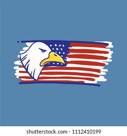 Eagle and american flag red white blue in doodle sketch drawing vector