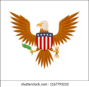 Eagle american national mascot animal color banner isolated white wild falcon with USA herb on chest, icon of bird, flower and arrows in claws