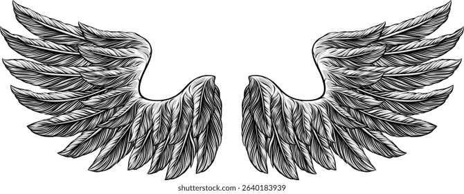 Eagle, angel or similar wings in a tattoo illustration vintage woodcut etching style