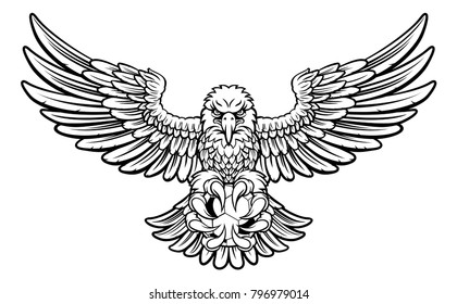 An eagle angry animal sports mascot holding a soccer football ball in its claws