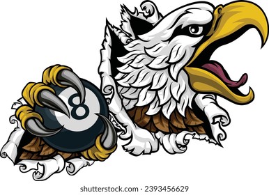 An eagle angry mean pool billiards mascot cartoon character holding a black 8 ball. 