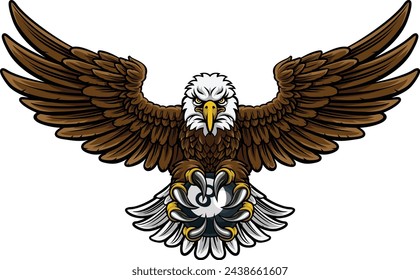 An eagle angry mean pool billiards mascot cartoon character holding a black 8 ball. 