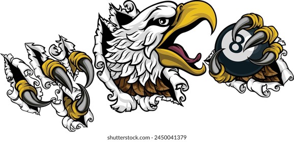 An eagle angry mean pool billiards mascot cartoon character holding a black 8 ball. 