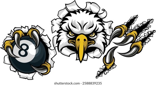 An eagle angry mean pool billiards mascot cartoon character holding a black 8 ball. 