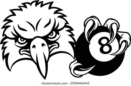 An eagle angry mean pool billiards mascot cartoon character holding a black 8 ball. 