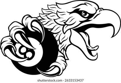 An eagle angry mean pool billiards mascot cartoon character holding a black 8 ball. 