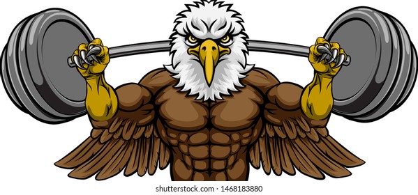 An eagle animal body builder sports mascot weight lifting a barbell 