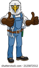 An eagle animal construction cartoon mascot handyman or builder maintenance contractor giving a double thumbs up