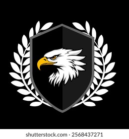 Eagle animal head shield design vector illustration, logo template isolated on black background