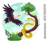 Eagle attacks snake. Flight predator hunting bird attacking serpent prey, venomous reptile and hunter hawk falcon raptor conflict wildlife habitat, ingenious vector illustration original artwork