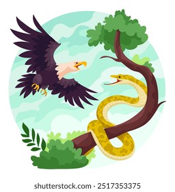 El águila ataca a la serpiente. Vuelo depredador caza pájaro atacando presa de serpiente, reptil venenoso y cazador halcón raptor conflicto hábitat de vida silvestre, Ilustración vectorial ingeniosa obra de arte original